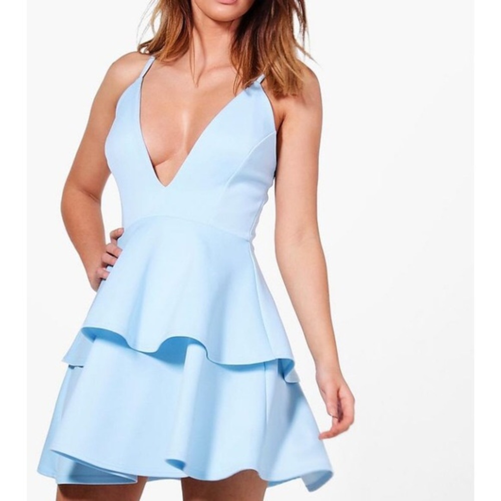 Boohoo Julia Strappy Plunge Layer Hem Skater Dress